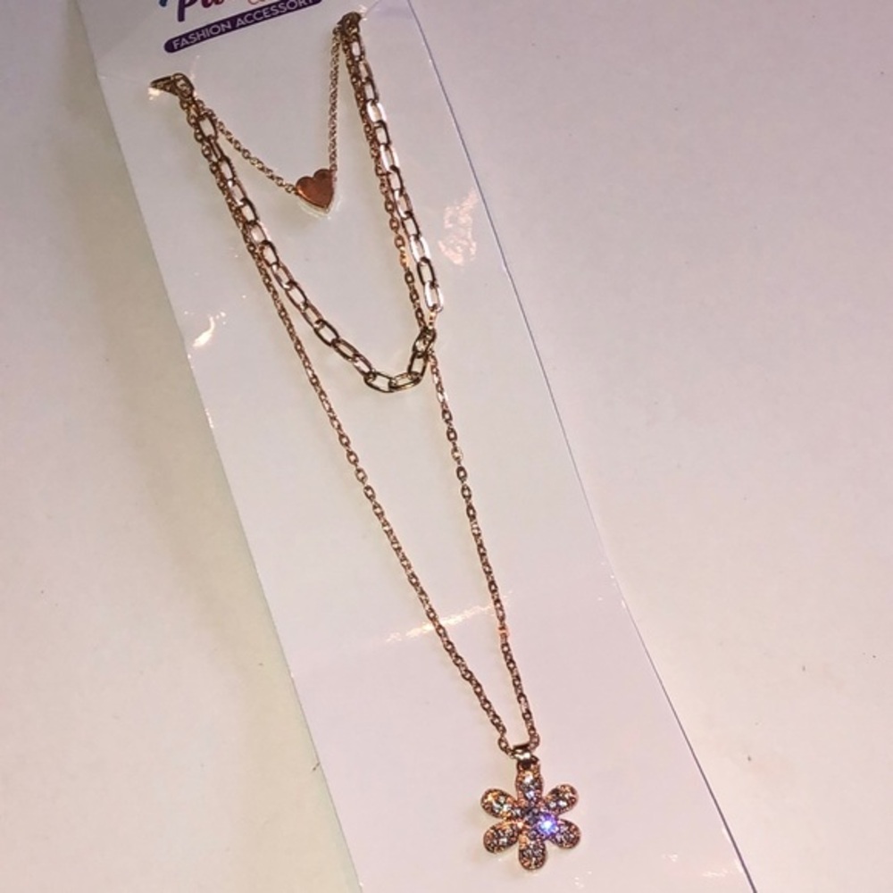 Gold Tone Multi Strand Layered Heart Flower Pendant Boho Necklace